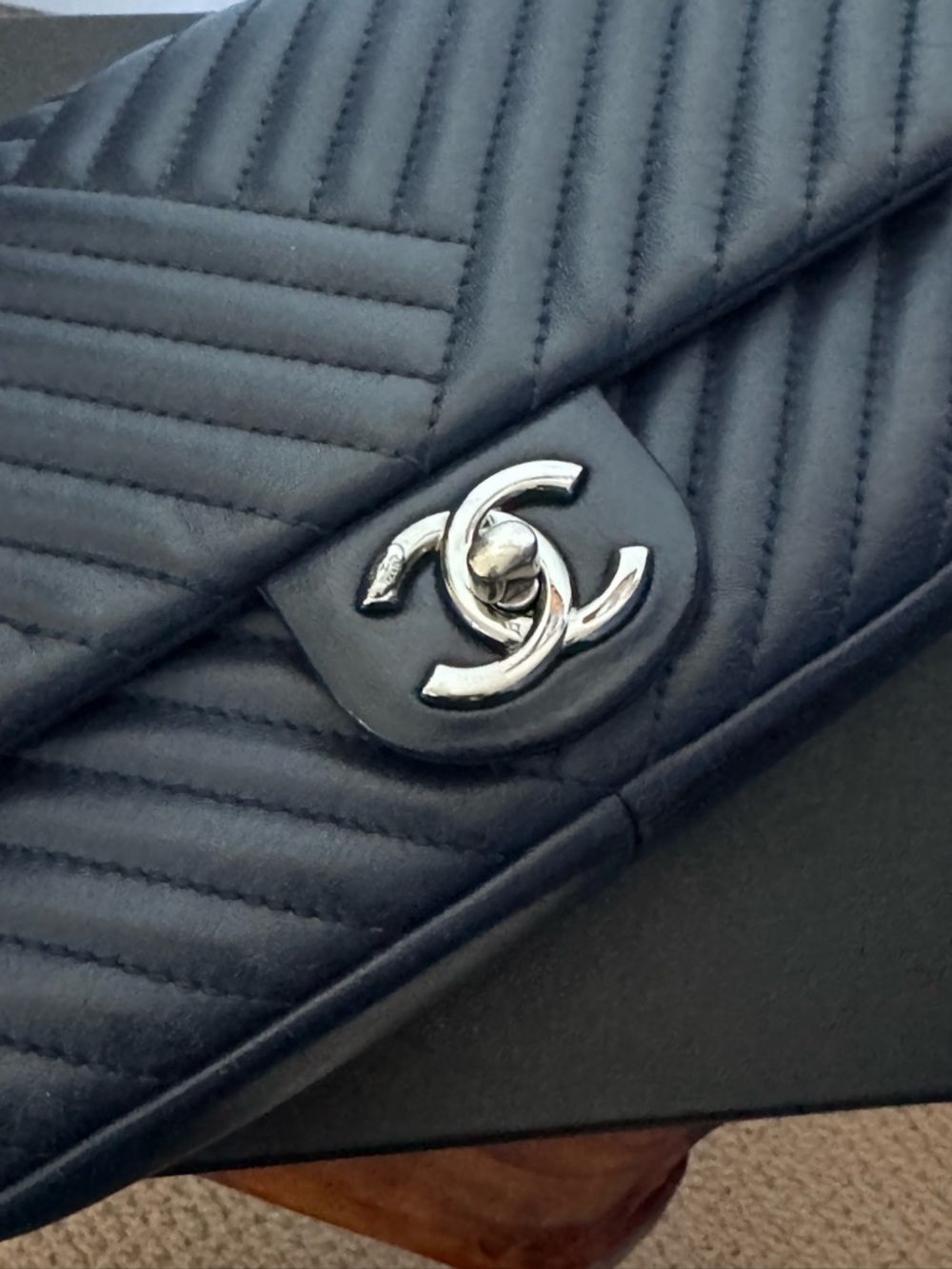 Chanel Small CC Flap Chevron Navy Blue Lambskin Ruthenium Hardware - Picture 7 of 11